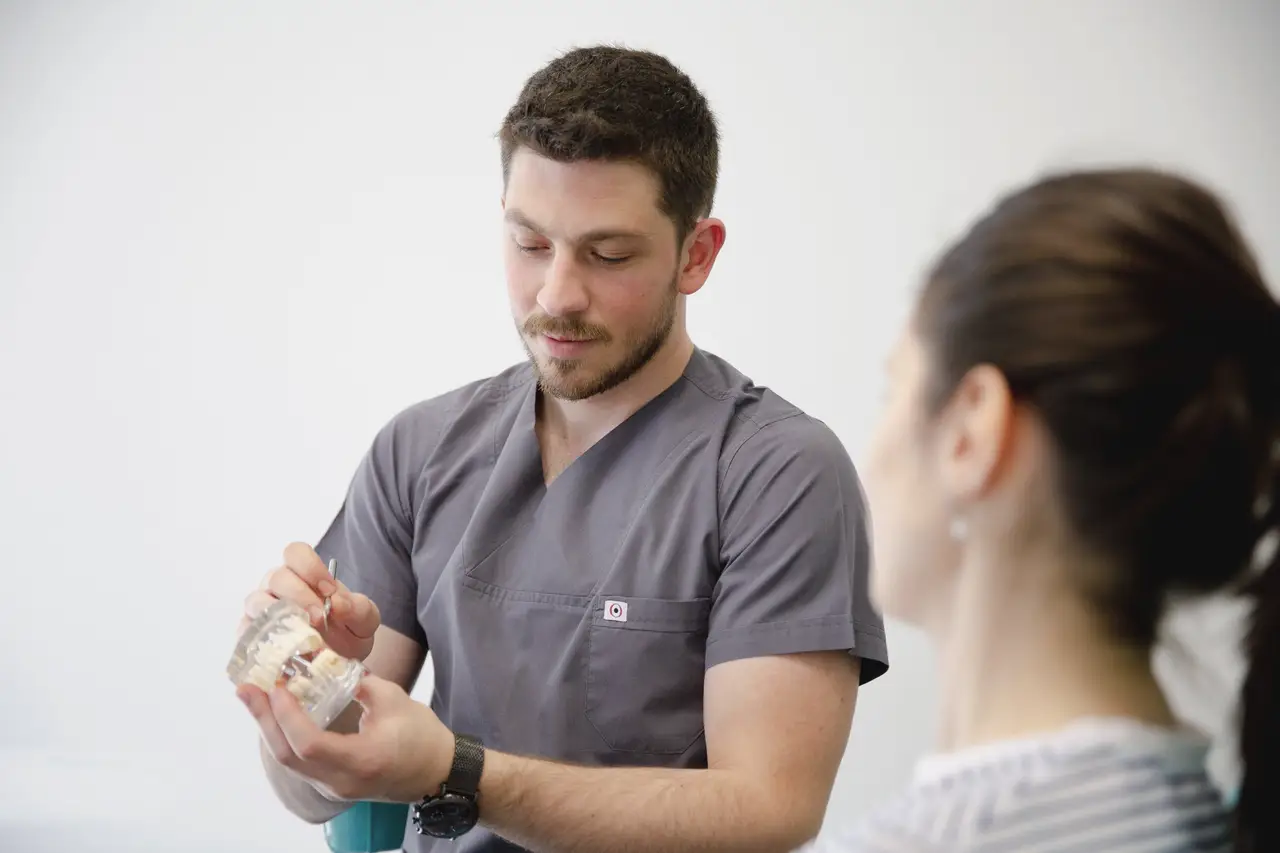 A dentist showing a patient a dental model during a consultation