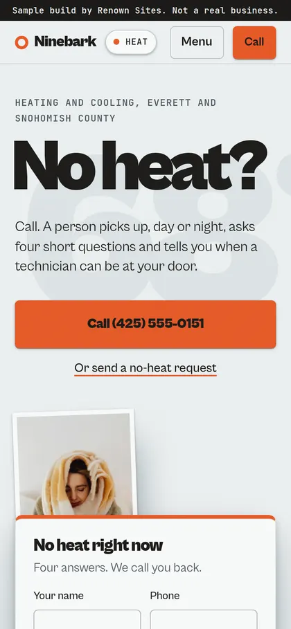 Ninebark Heating & Air homepage on a phone