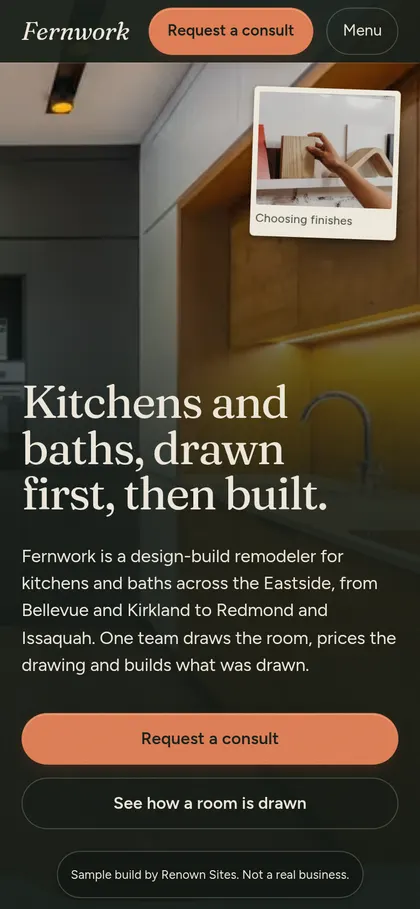 Fernwork Kitchen & Bath homepage on a phone