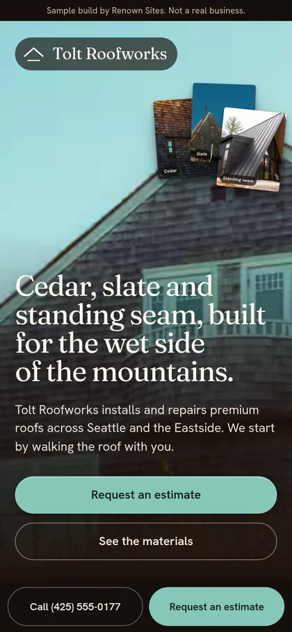 Tolt Roofworks homepage on a phone